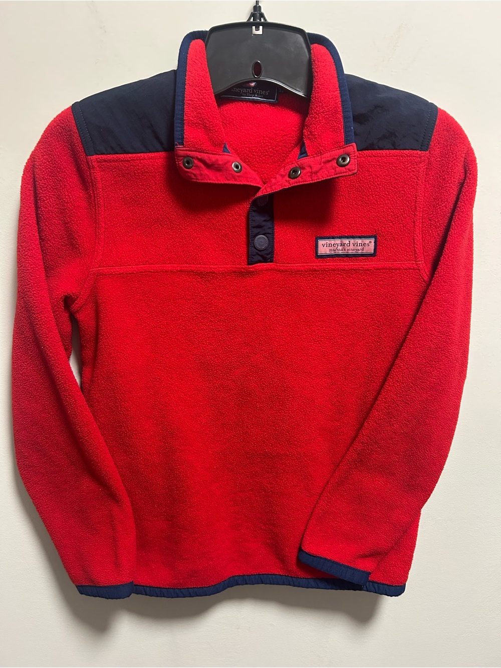 Vineyard Vines Red Fleece Pullover with Navy Accents